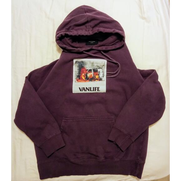 VTG Y2K VANLIFE Purple Hoodie Van On Fire Graphic Retro Humor Streetwear SZ M - Picture 1 of 6